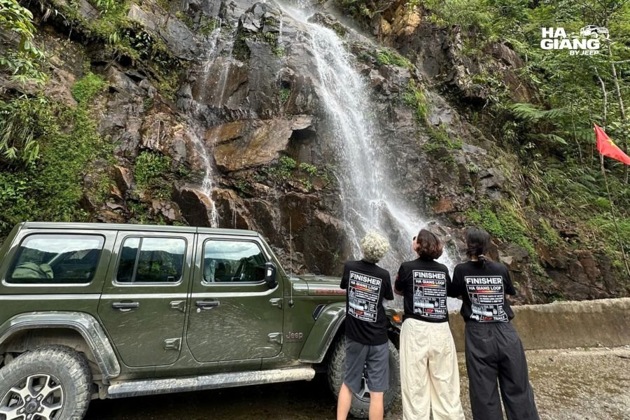 Jeep parked in Ha Giang City near a Ha Giang ATM at the start of a Loop tour