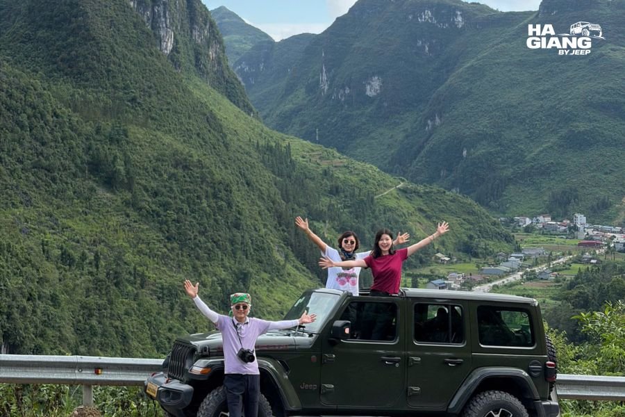 Open top jeep at a Ma Pi Leng viewpoint, what to expect on a Ha Giang jeep tour