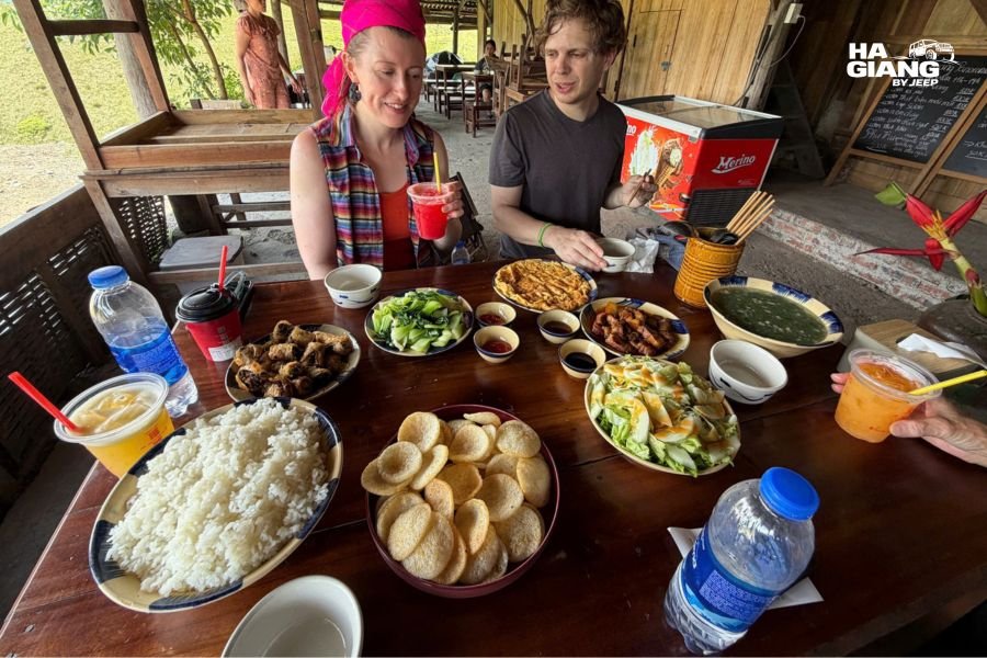 Roadside food stall on the Ha Giang Loop where travelers pay in cash rather than by card
