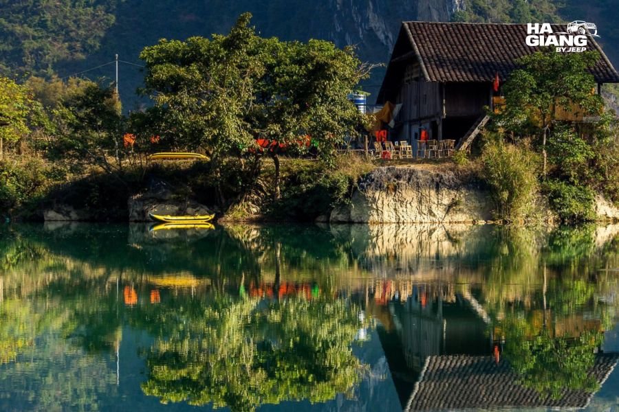 Stilt house homestay in Phong Nam Valley near Ban Gioc in Cao Bang at dusk