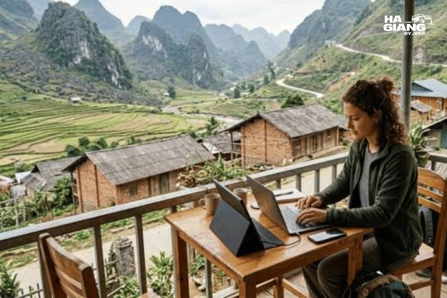 Traveler working on a laptop over wifi in a cafe in Dong Van Old Quarter, Ha Giang