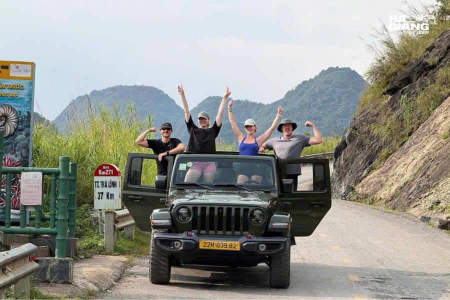 A private jeep on a mountain road on the Cao Bang Loop