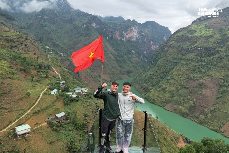 Ma Pi Leng Pass in January: clear blue sky and frost on limestone edges, Ha Giang winter