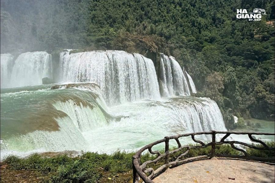 The three tiers of Ban Gioc Waterfall seen from a distance in Cao Bang